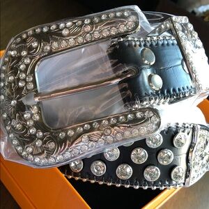 Rhinestone Studded Black Belt with Silver Buckle